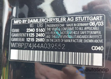 2004 Mercedes-Benz Cl 55 Amg from USA, damaged, VIN WDBPJ74J44A039552